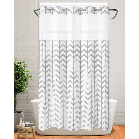 No Hook Shower Curtain with Snap in Liner,Abstract Herringbone Pattern Waterproof Bath Curtain Double Layers with See Through Top Window,Modern Gray White Zigzag Hotel Shower Curtains 36x72in