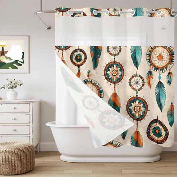 No Hook Shower Curtain with Snap in Liner, Abstract Indian Totem Curtain Set See-Through Top Double Layers Retro Ancient Patterns on Linen Shower Curtains for Bathroom Decor, 72x72in
