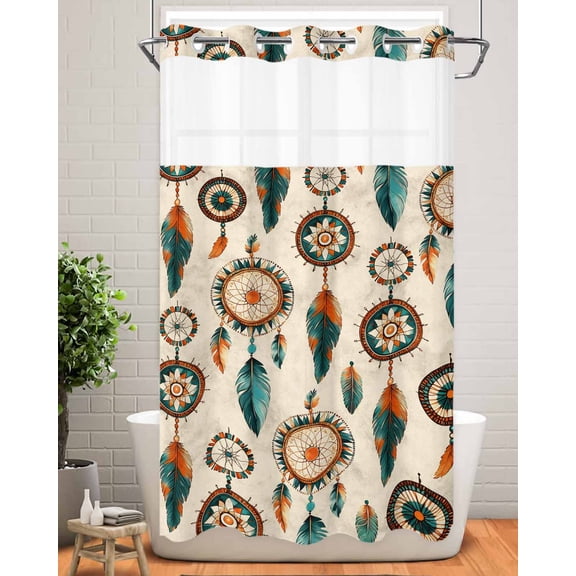No Hook Shower Curtain with Snap in Liner,Abstract Indian Totem Waterproof Bath Curtain Double Layers with See Through Top Window,Retro Ancient Patterns on Linen Hotel Shower Curtains 36x72in