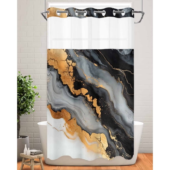 No Hook Shower Curtain with Snap in Liner,Abstract Marble Grey Gradient Waterproof Bath Curtain Double Layers with See Through Top Window,Gold Foil Ink Art Hotel Shower Curtains 36x72in