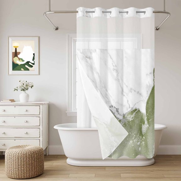No Hook Shower Curtain with Snap in Liner, Abstract Marble Stone Texture Curtain Set See-Through Top Double Layers Modern Sage Green White Shower Curtains for Bathroom Decor, 36x72in