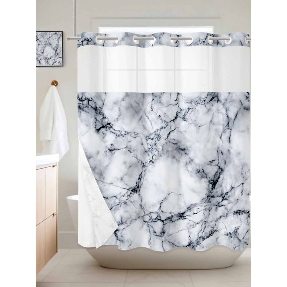 No Hook Shower Curtain with Snap in Liner, Abstract Marble Stone Texture Waterproof Bath Curtain Double Layers with See Through Top Window, Natural Crack Gray Rock Hotel Shower Curtains 72x72in