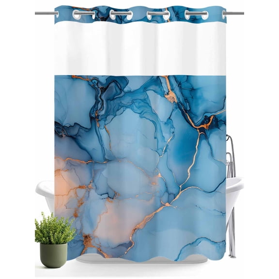 No Hook Shower Curtain with Snap in Liner,Abstract Marble Texture Art Waterproof Bath Curtain Double Layers with See Through Top Window,Watercolor Gradient Blue-grey Hotel Shower Curtains 60x72in