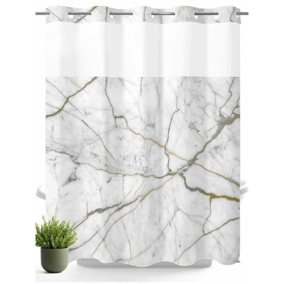 No Hook Shower Curtain with Snap in Liner,Abstract Marble Texture Waterproof Bath Curtain Double Layers with See Through Top Window,Gray Stone with Stripes Hotel Shower Curtains 72x72in