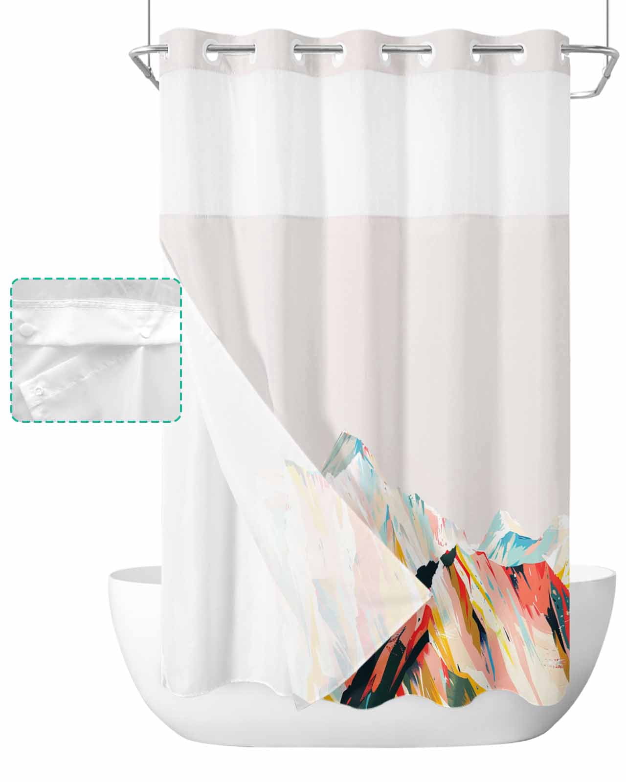 No Hook Shower Curtain with Snap in Liner, Abstract Mountain Colored