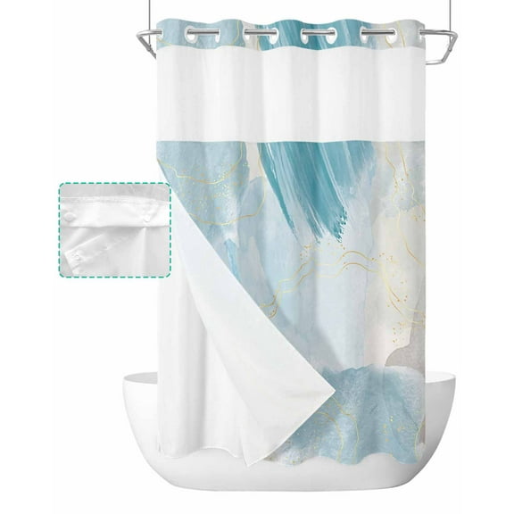 No Hook Shower Curtain with Snap in Liner, Abstract Ombre Blue Marble Texture with Golden Line Hotel Shower Curtains for Bathroom, Washable Shower Curtain Liner Set with Mesh Top Window, 54"x78"