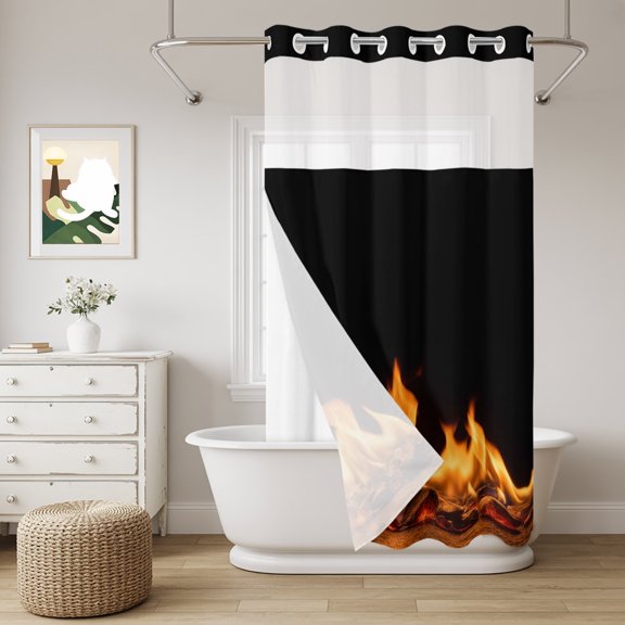 No Hook Shower Curtain with Snap in Liner, Abstract Orange Flame on Black Curtain Set See-Through Top Double Layers Flickering Fire Pattern Shower Curtains for Bathroom Decor, 36x72in