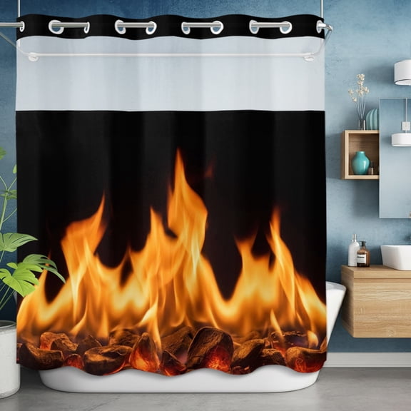 No Hook Shower Curtain with Snap in Liner, Abstract Orange Flame on Black Waterproof Fabric Bathroom Curtain Mesh Top Window, Flickering Fire Pattern Shower Curtains 72x72in