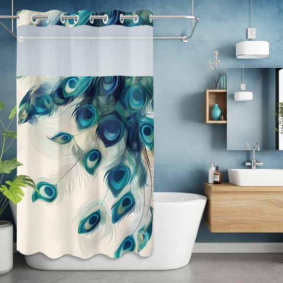 No Hook Shower Curtain with Snap in Liner, Abstract Peacock Feather Waterproof Bath Curtain Double Layers with See Through Top Window, Realistic Animal Texture Hotel Shower Curtains 36x72in