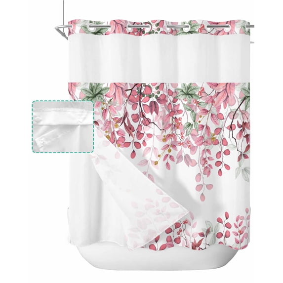 No Hook Shower Curtain with Snap in Liner, Abstract Pink and Green Ombre Plants Leavs Berry Hotel Shower Curtains for Bathroom, Washable Shower Curtain Liner Set with Mesh Top Window, 72”x78”