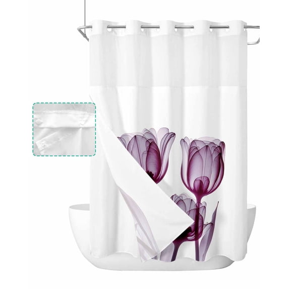 No Hook Shower Curtain with Snap in Liner, Abstract Purple and Pink Tulip Ray White Hotel Shower Curtains for Bathroom, Washable Shower Curtain Liner Set with Mesh Top Window, 72"x84"