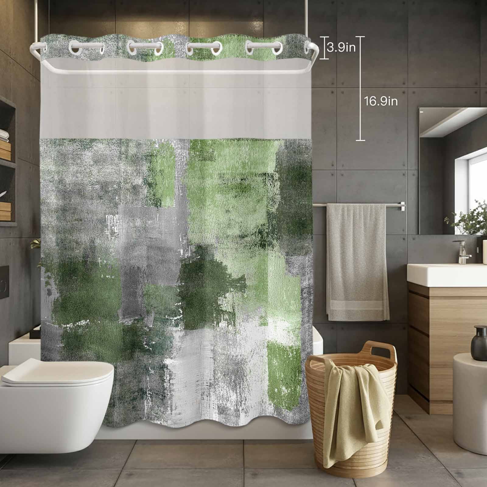 No Hook Shower Curtain with Snap in Liner, Abstract Sage Green Grey