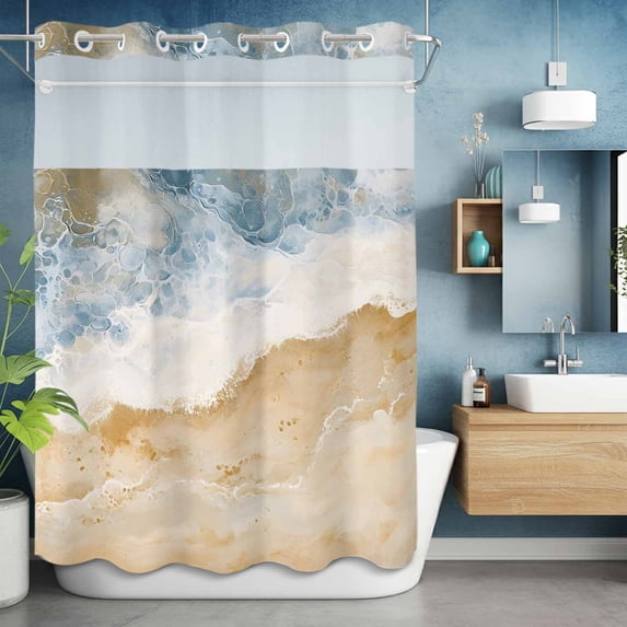 No Hook Shower Curtain with Snap in Liner, Abstract Sea Waves Beach Art Waterproof Bath Curtain Double Layers with See Through Top Window, Ocean Spray Summer Seaside Hotel Shower Curtains 60x72in