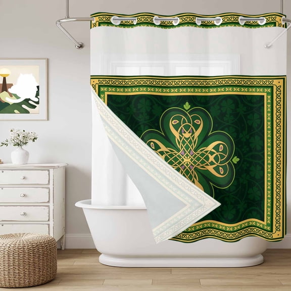 No Hook Shower Curtain with Snap in Liner, Abstract Shamrock Celtic Knot Curtain Set See-Through Top Double Layers St. Patrick's Day Green Theme Shower Curtains for Bathroom Decor, 72x72in