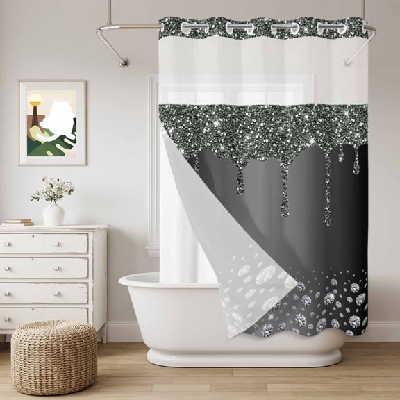 No Hook Shower Curtain with Snap in Liner, Abstract Shining Diamond Curtain Set See-Through Top Double Layers Stones on Gradient Black Background Shower Curtains for Bathroom Decor, 60x72in