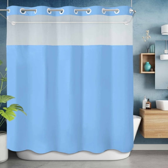 No Hook Shower Curtain with Snap in Liner, Abstract Sky Blue Theme Waterproof Fabric Bathroom Curtain Mesh Top Window, Modern Minimalist Art Shower Curtains 72x72in