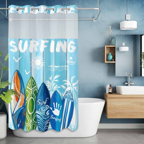 No Hook Shower Curtain with Snap in Liner, Abstract Surfboard Summer Surfing Palm Tree Waterproof Fabric Bathroom Curtain Mesh Top Window, Blue Wood Grain Shower Curtains 36x72in