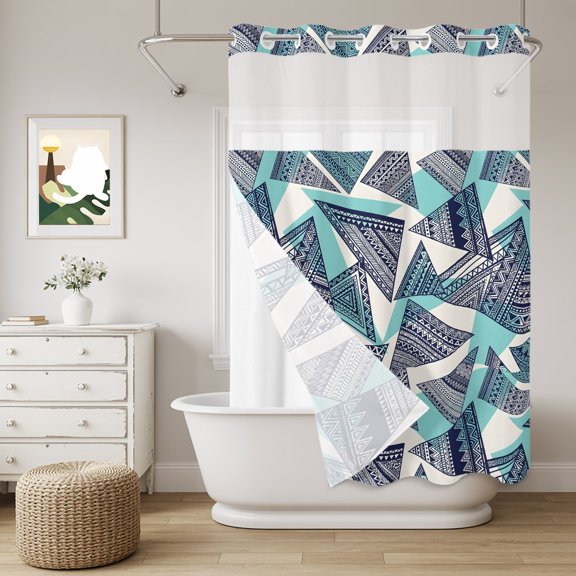 No Hook Shower Curtain with Snap in Liner, Abstract Tribal Triangle Pattern Waterproof Bath Curtain Double Layers with See Through Top Window, Rustic Geometric Art Hotel Shower Curtains 48x72in