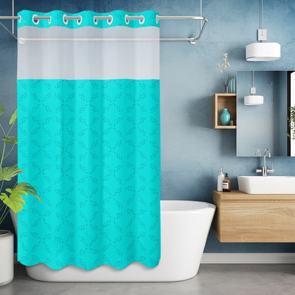 No Hook Shower Curtain with Snap in Liner, Abstract Turquoise Diamond Leaves Waterproof Fabric Bathroom Curtain Mesh Top Window, Modern Art Shower Curtains 36x72in