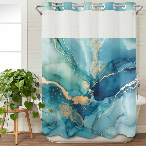 No Hook Shower Curtain with Snap in Liner, Abstracts Turquoise Marble Stripe Waterproof Bath Curtain Double Layers with See Through Top Window, Farm Stone Texture Hotel Shower Curtains 48x72in