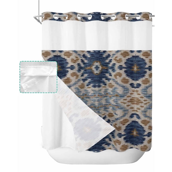 No Hook Shower Curtain with Snap in Liner, Afghan Abstract Geometric Art Patterns Hotel Shower Curtains for Bathroom, Washable Shower Curtain Liner Set with Mesh Top Window, 72”x78”
