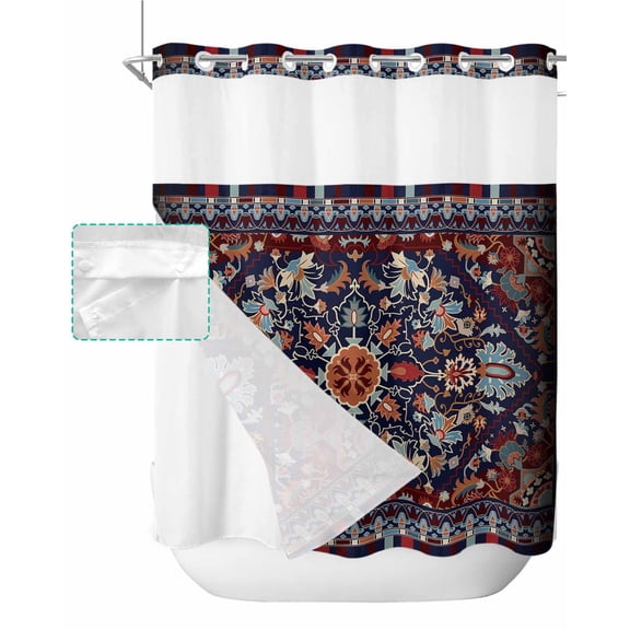 No Hook Shower Curtain with Snap in Liner, Afghanistan Abstract Brown Flower Hotel Shower Curtains for Bathroom, Washable Shower Curtain Liner Set with Mesh Top Window, 72”x78”