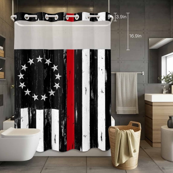 No Hook Shower Curtain with Snap in Liner, American Flag Independence Day Waterproof Fabric Bathroom Curtain Mesh Top Window, Retro Ref Black Stripes Shower Curtains 72x84in