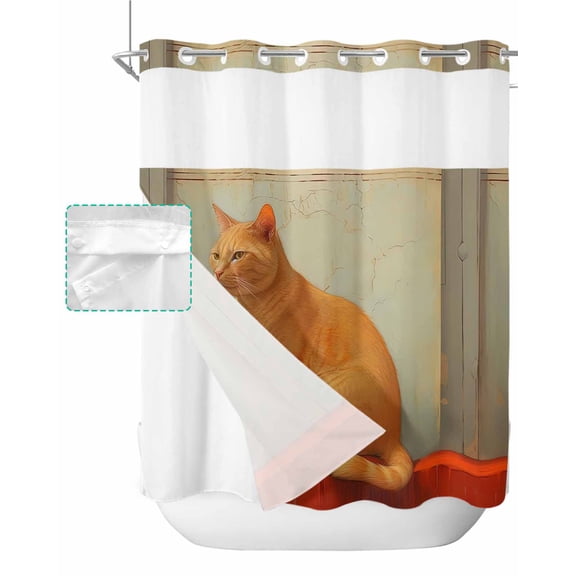 No Hook Shower Curtain with Snap in Liner, Animal Cute Pet Orange Cat Hotel Shower Curtains for Bathroom, Washable Shower Curtain Liner Set with Mesh Top Window, 72"x72"