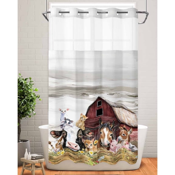 No Hook Shower Curtain with Snap in Liner,Animal Pig Cow Farm Barn Waterproof Bath Curtain Double Layers with See Through Top Window,Retro Fence Country Wheat Harvest Hotel Shower Curtains 36x72in