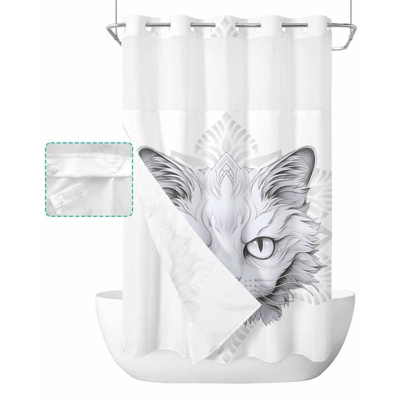 No Hook Shower Curtain with Snap in Liner, Animals Pet Cat Flowers and Kitty Hotel Shower Curtains for Bathroom, Washable Shower Curtain Liner Set with Mesh Top Window, 54"x78"