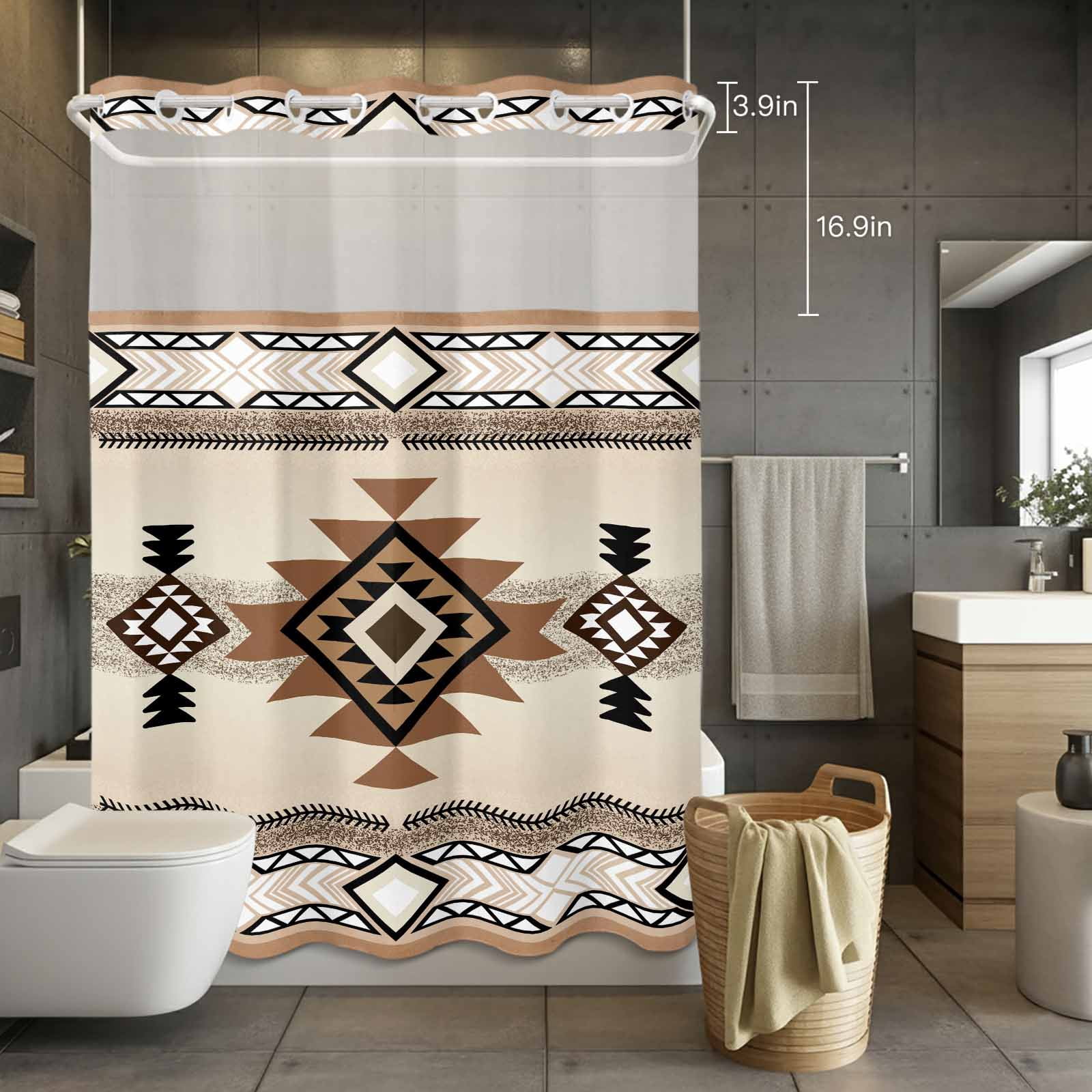 No Hook Shower Curtain with Snap in Liner, Aztec Retro Brown Ethnic
