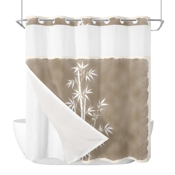 No Hook Shower Curtain with Snap in Liner, Bamboos Motif Silhouette Waterproof Fabric Bathroom Curtain Mesh Top Window, Zen Vibe Brown Background Shower Curtains 72x72in