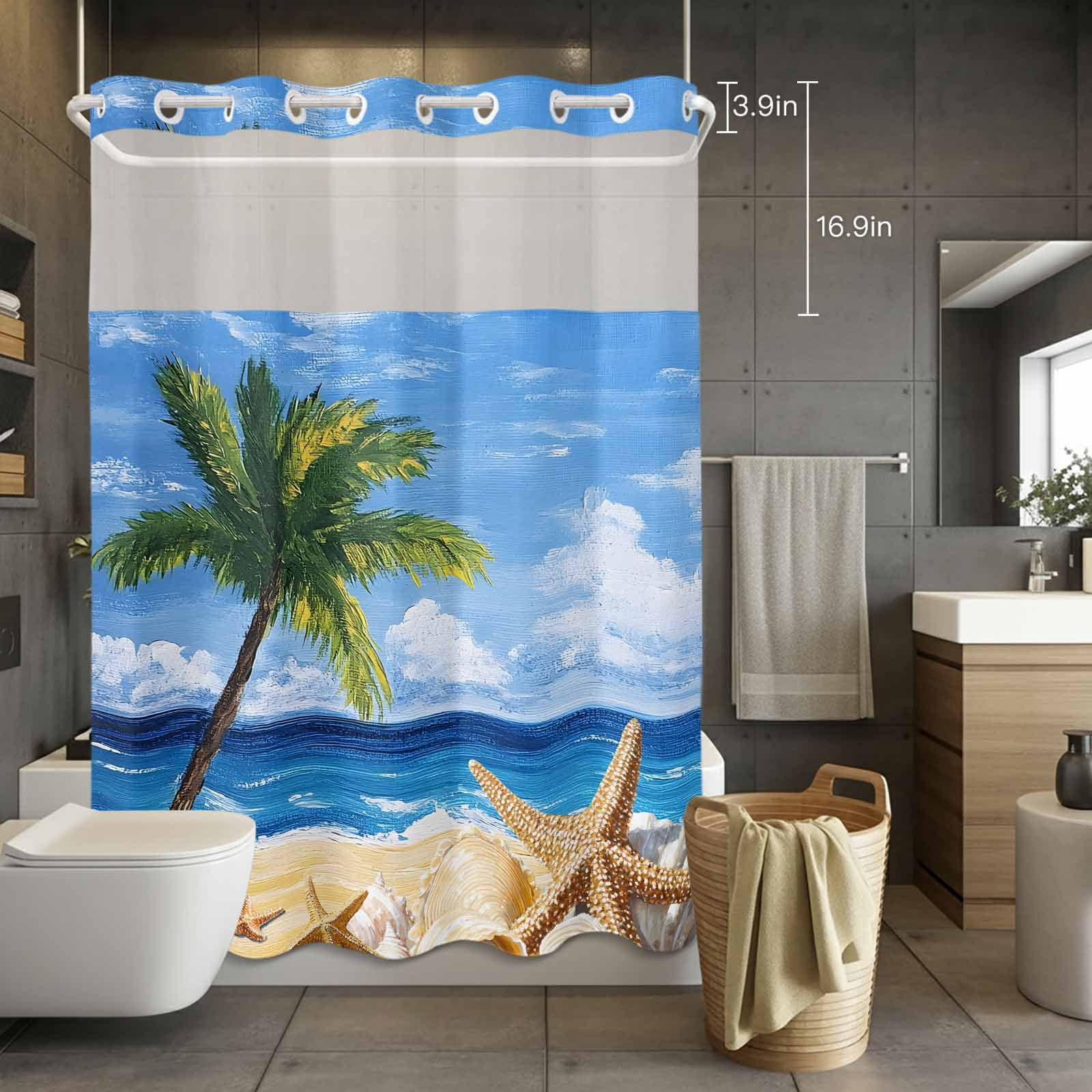 No Hook Shower Curtain with Snap in Liner, Beach Coconut Trees Ocean
