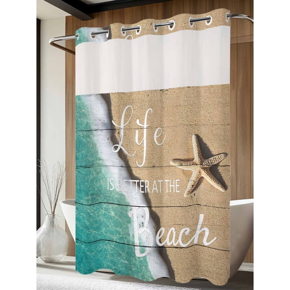 No Hook Shower Curtain with Snap in Liner, Beach Life Seaside Starfish Sea Water Waterproof Fabric Bathroom Curtain Mesh Top Window, Sand Coastal Nautical Theme Shower Curtains 60x72in
