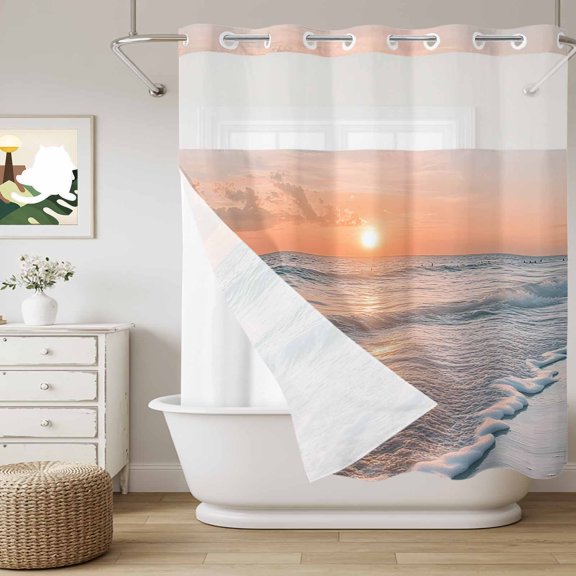 No Hook Shower Curtain with Snap in Liner, Beach Waves Summer Sunset Curtain Set See-Through Top Double Layers Blue Sea Water Shower Curtains for Bathroom Decor, 72x72in