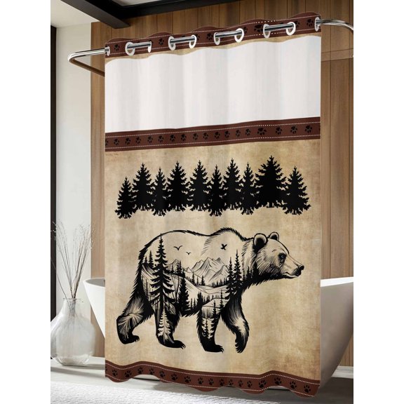 No Hook Shower Curtain with Snap in Liner, Bear Forest Mountains Animal Silhouette Waterproof Fabric Bathroom Curtain Mesh Top Window, Vintage Brown Gradient Shower Curtains 60x72in