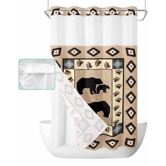 No Hook Shower Curtain with Snap in Liner, Bear Paw Vintage Boho Vintage Pattern Hotel Shower Curtains for Bathroom, Washable Shower Curtain Liner Set with Mesh Top Window, 36"x72"
