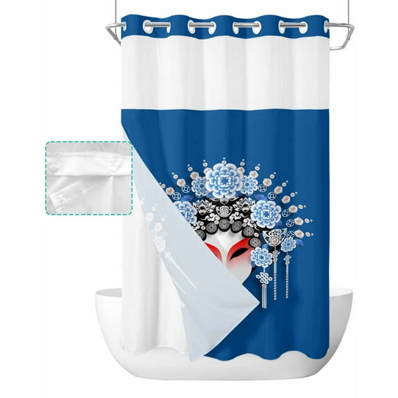 No Hook Shower Curtain with Snap in Liner, Beautiful Traditional Chinese Opera Blue Hotel Shower Curtains for Bathroom, Washable Shower Curtain Liner Set with Mesh Top Window, 36"x72"