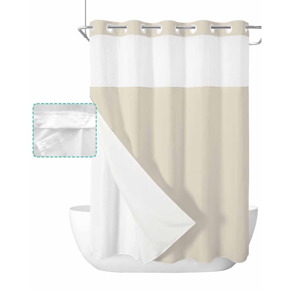 No Hook Shower Curtain with Snap in Liner, Beige Solid Color Hotel Shower Curtains for Bathroom, Washable Shower Curtain Liner Set with Mesh Top Window, 60"x72"
