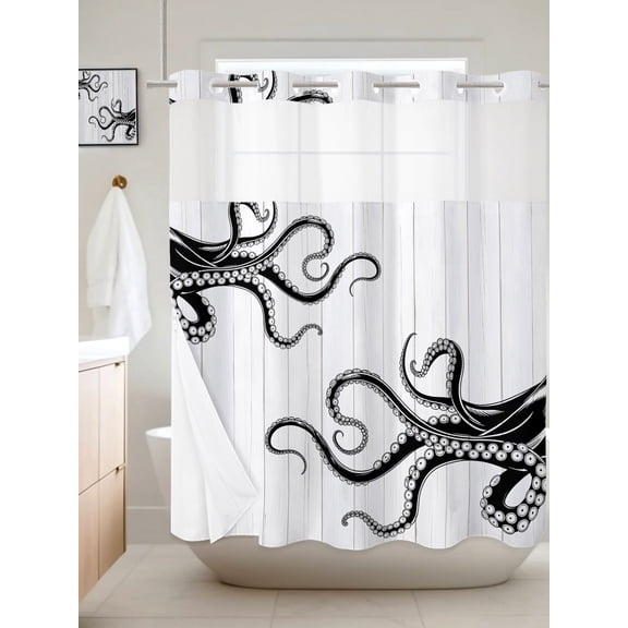 No Hook Shower Curtain with Snap in Liner, Black Giant Squid Waterproof Bath Curtain Double Layers with See Through Top Window, Wood Grain Background Hotel Shower Curtains 72x72in