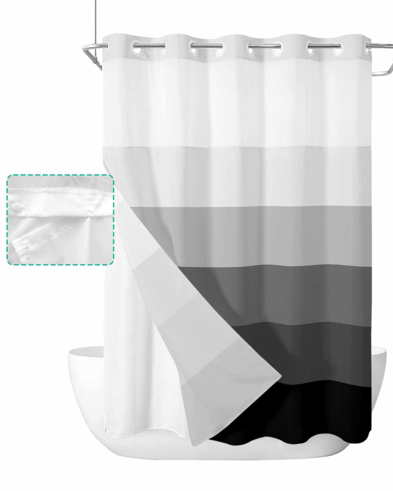 No Hook Shower Curtain with Snap in Liner, Black and Grey Striped Gradient Rustic Wood Board Hotel Shower Curtains for Bathroom, Washable Shower Curtain Liner Set with Mesh Top Window, 72"x96"