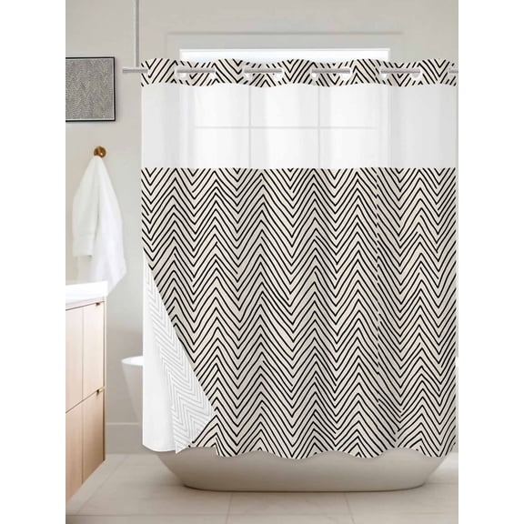No Hook Shower Curtain with Snap in Liner, Black Herringbone Retro Linen Waterproof Bath Curtain Double Layers with See Through Top Window, Abstract Geometric Texture Hotel Shower Curtains 72x72in