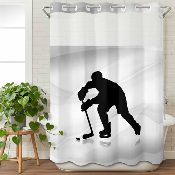 No Hook Shower Curtain with Snap in Liner, Black Hockey Player Silhouette Waterproof Bath Curtain Double Layers with See Through Top Window, Ice Sports Athlete Game Hotel Shower Curtains 48x72in
