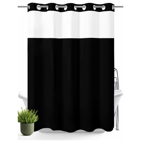 No Hook Shower Curtain with Snap in Liner,Black Waterproof Bath Curtain Double Layers with See Through Top Window,Solid Color Hotel Shower Curtains 60x72in
