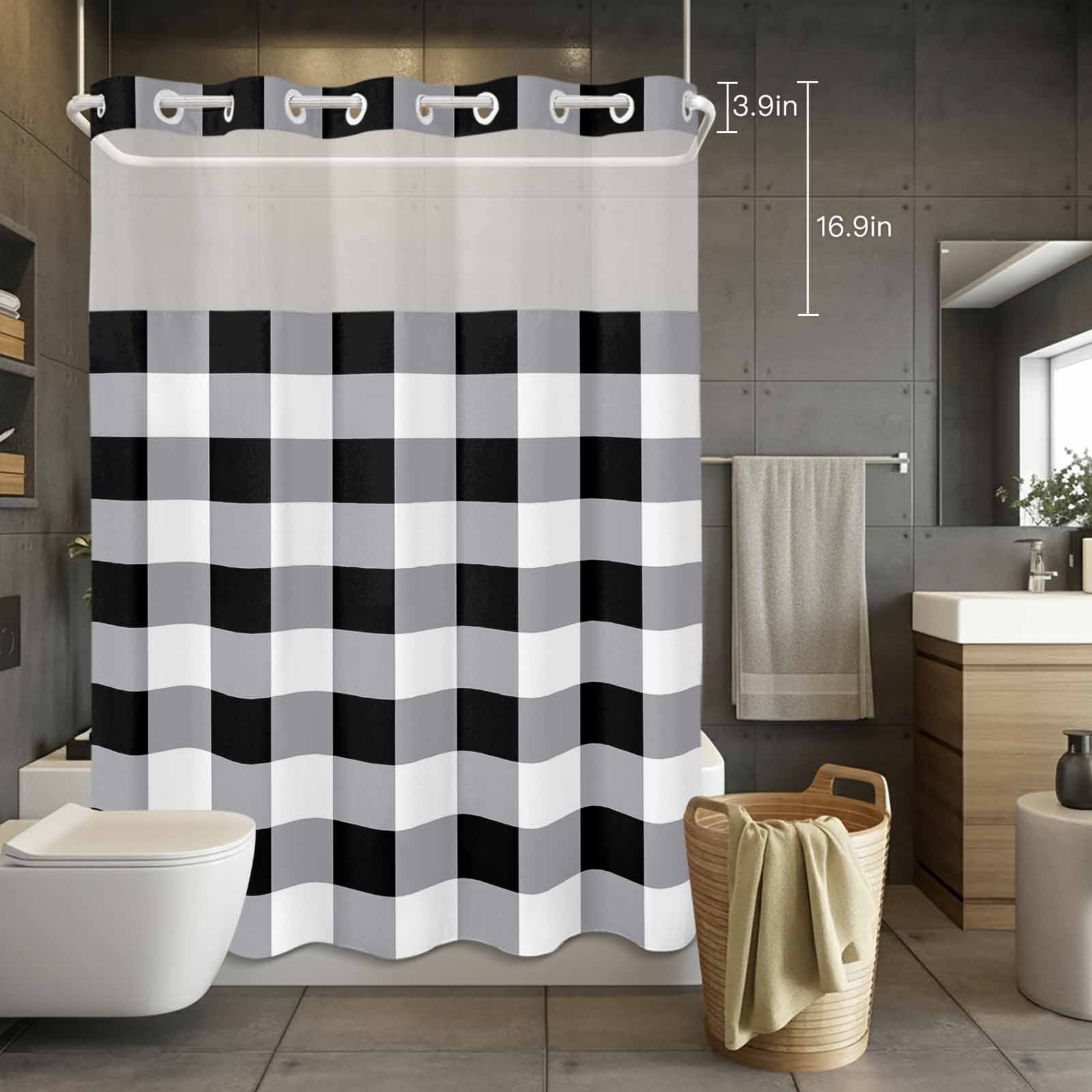 No Hook Shower Curtain with Snap in Liner, Black White Buffalo Plaid