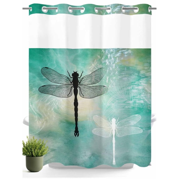 No Hook Shower Curtain with Snap in Liner,Black White Dragonfly Texture Waterproof Bath Curtain Double Layers with See Through Top Window,Abstract Green Yellow Ombre Hotel Shower Curtains 72x72in