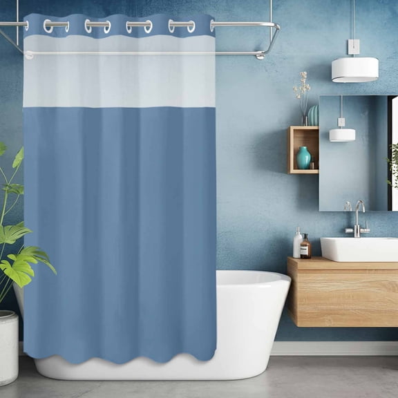 No Hook Shower Curtain with Snap in Liner, Blonde Blue Pure Color Waterproof Fabric Bathroom Curtain Mesh Top Window, Minimalist Style Shower Curtains 36x72in