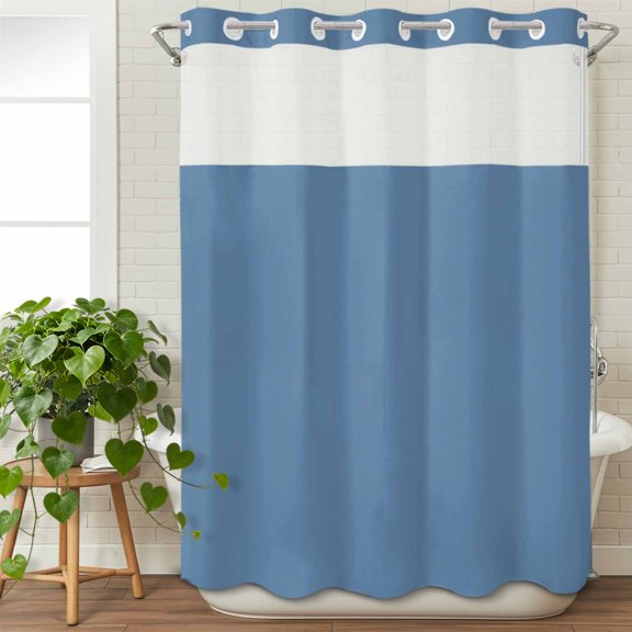 No Hook Shower Curtain with Snap in Liner, Blonde Blue Pure Color Waterproof Fabric Bathroom Curtain Mesh Top Window, Minimalist Style Shower Curtains 48x72in