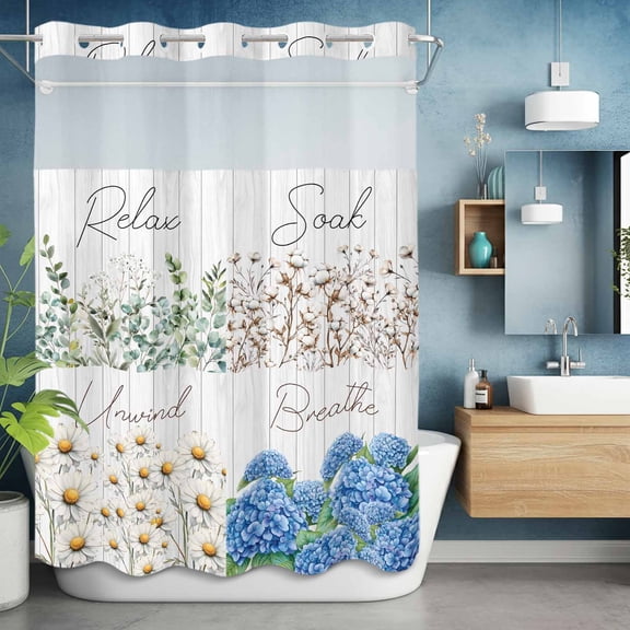 No Hook Shower Curtain with Snap in Liner, Blossom Floral Cotton Eucalyptus Waterproof Bath Curtain Double Layers with See Through Top Window, Vintage Farmhouse Board Hotel Shower Curtains 60x72in