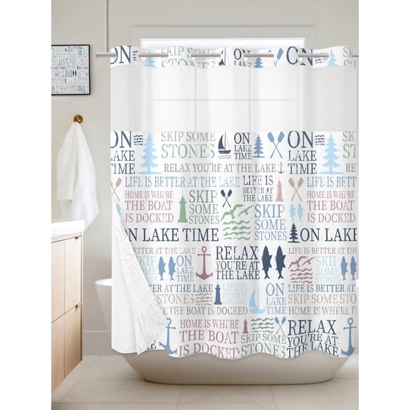 No Hook Shower Curtain with Snap in Liner, Blue Anchor Paddle Sailboat Lighthouse Tree Waterproof Bath Curtain Double Layers with See Through Top Window, Ocean Fish Hotel Shower Curtains 72x72in